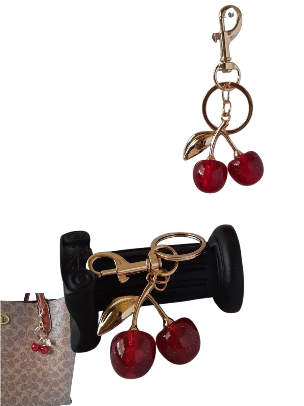 Cherry 2PC Bag Charms Keychain Red Jelly Fruit Gold Resin New Mini Set